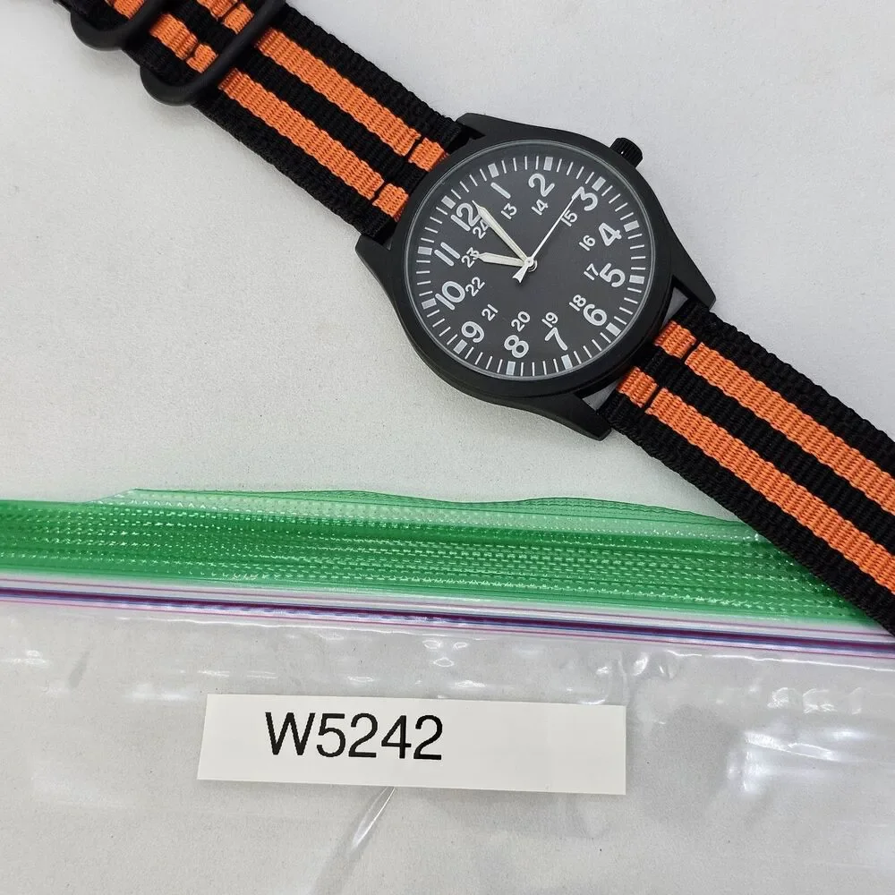 Field Military Men's Watch 42MM Black Case Dial Black Orange‎ Canvas Band Straps